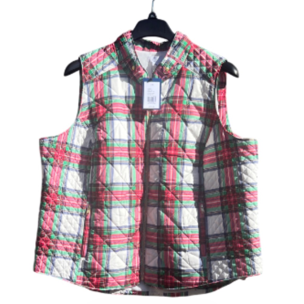 NWT Crown & Ivy Curvy Plus Size 3X Puffer Icon Vest Lattice Print Ivory Plaid